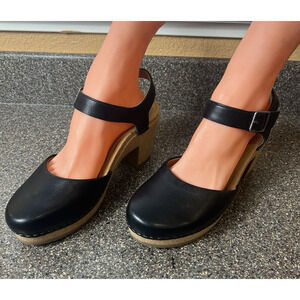 Aetrex Comfort Women Sz 9-9.5 Black Leather Sling Back Clog Platform Ankle Strap